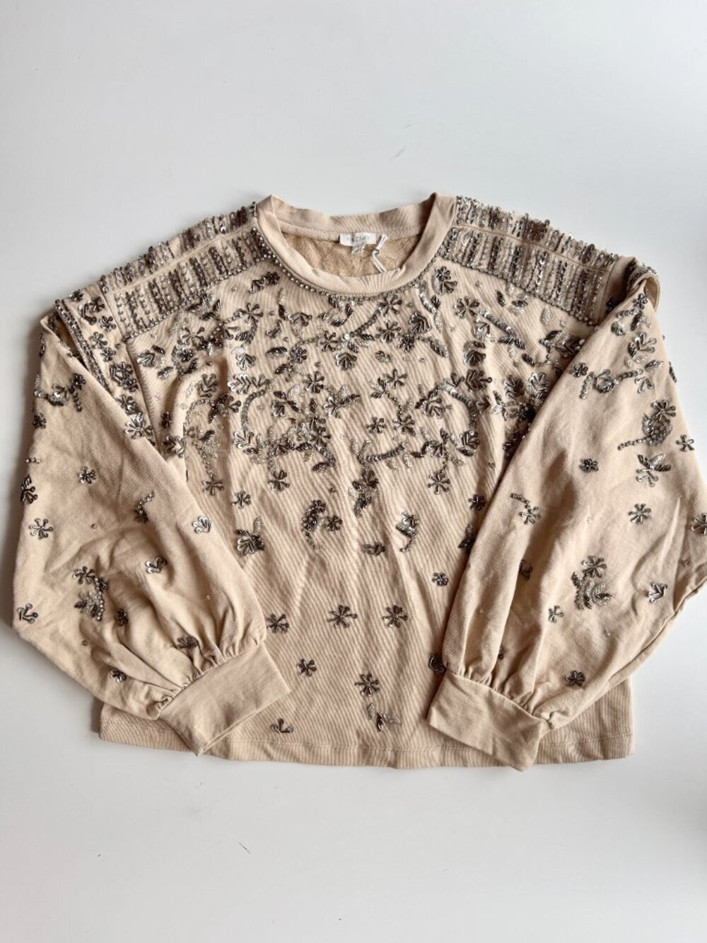 Anthropologie PILCRO Beige Beaded Sequin 100% Cotton Terry Sweatshirt, Size M - Picture 5 of 16